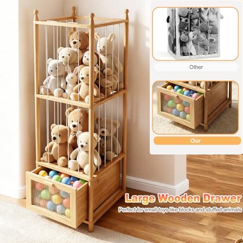 Kompaktayc Stuffed Animal Storage with Clear-View Drawer, Wooden Stuffed Animal Zoo Organizer for Nursery & Playroom, Holder for Plush Toys,Balls,Blocks,Wooden Home Decor - Thumbnail 2