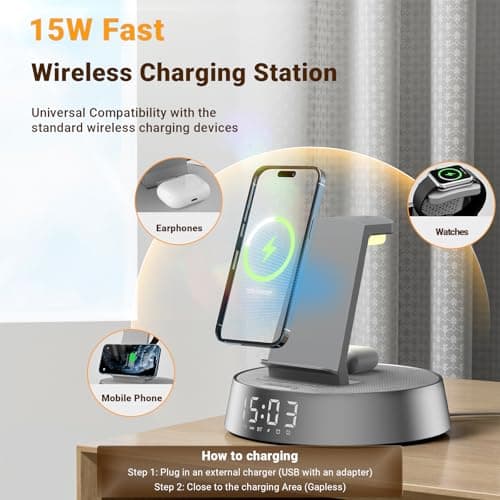 Alarm Clock Charging Station for Bedrooms, Wireless Charging Station with Dimmable Night Light Bluetooth Speaker, Wireless Charger for iPhone 17 16 15 14 13 12 Pro Max, iWatch 11 - Thumbnail 2