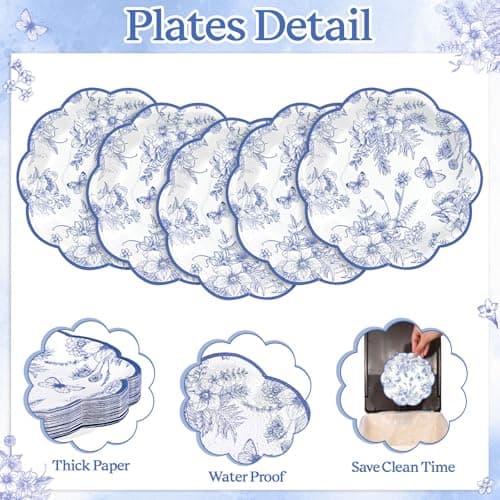 NatNarr 30 Pcs Blue Floral Paper Plates, 7 Inch Tea Party Plates Vintage Chinoiserie Flower Plate Disposable Blue and White Dessert Plate for Spring Garden Party Baby & Bridal Shower Birthday Wedding - Thumbnail 4