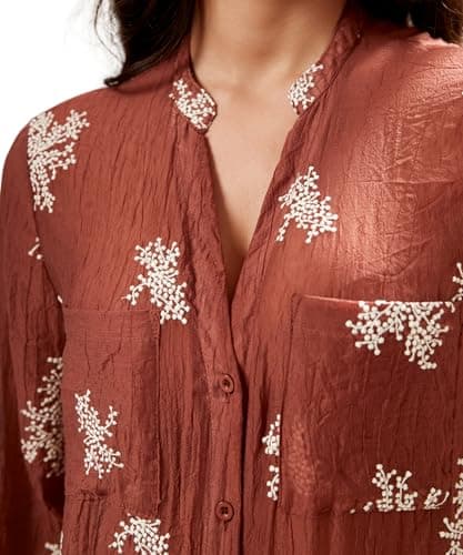 Women's Long Sleeve Sheer Floral Embroidered See Through Button Down Blouse Lightweight Boho V Neck Shirts X-Large YG010 Wine Red XL - Thumbnail 6