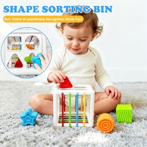 6 in 1 montessori baby toys for 6-36 months old-incl Busy Cube,stacking cups,Shape Sorting Bin,baby blocks,crinkle books, suction cups spinners,Sorting Learning Sensory Toys Gift for Babies Aged 1-3 - Thumbnail 3