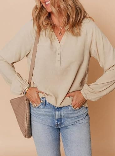 Dokotoo Business Casual Tops for Women Trendy Long Sleeve Tops 2026 Fashion Spring Outfits Loose Fit Basic V Neck Business Tshirts Textured Beige Top Blouse X-Large - Thumbnail 5