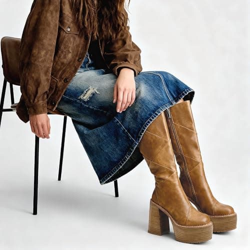 QIV Brown Knee High Platform for Women Chunky Round Toe High Heel Motorcycle Combat Punk Tall Boots with Side Zipper Size 8 - Thumbnail 4