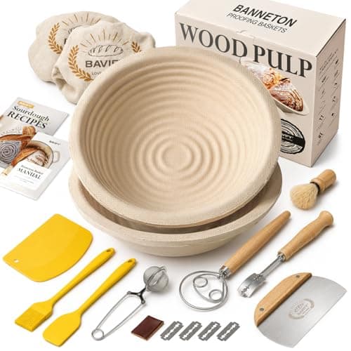 BAVIFY Sourdough Starter Kit, Banneton Bread Proofing Baskets Set, Sourdough Bread Baking Supplies Making Tools with Dough Scraper, Whisk, Bread Lame, Recipe, Wood Pulp Banneton - 2 Round Gift Set - Image 1