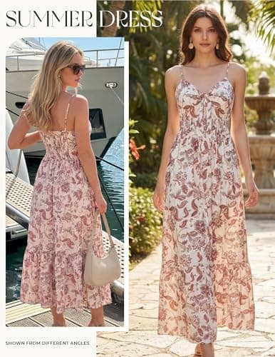 Women's Summer Dresses 2025 Sleeveless Flowy Casual Floral Maxi Dress V Neck Smocked Long Dresses - Thumbnail 4