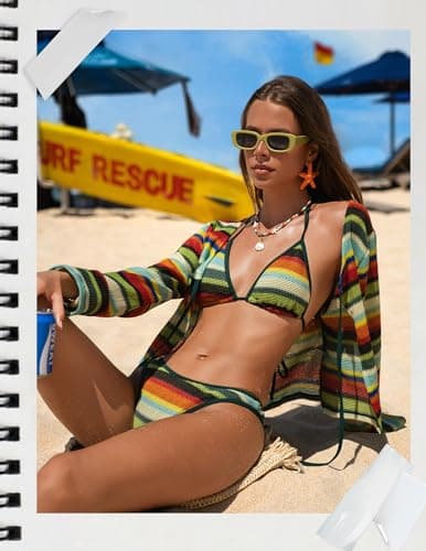 ZAFUL Swimsuit Coverup Shirt for Women Crochet Cardigan Bathing Suit Cover Up Long Sleeve Cover Ups Top Strip Green M - Thumbnail 5