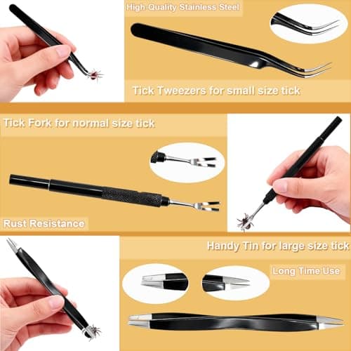 BVQWO Tick Removal Tool,Tick Remover for Dogs,Premium Tick Twister Stainless Steel 3 PCS -Tick Tweezers/Tick Fork/Handy Tin with Case -Safe for Human & Pets (Black) - Thumbnail 3