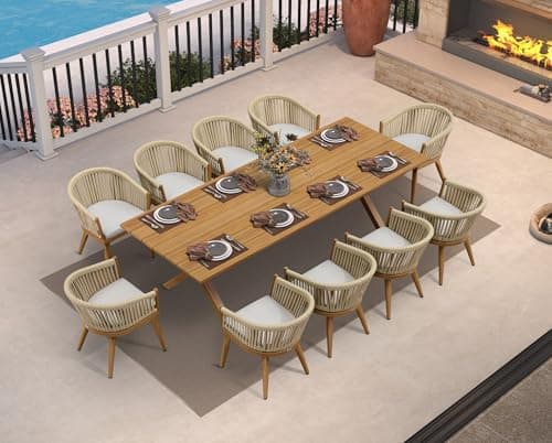 PURPLE LEAF 11 Pieces Outdoor Dining Set with Cushion Woven Rattan, Teak