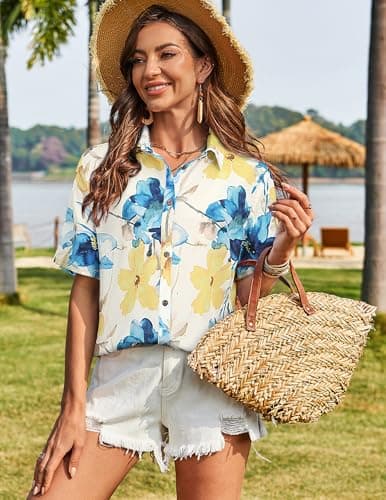 LILYCHIC Womens Tropical Shirt Floral Hawaiian Tops Cool Summer V Neck Short Sleeve Beach Vacation Hawaii Tshirts White XXL - Thumbnail 4