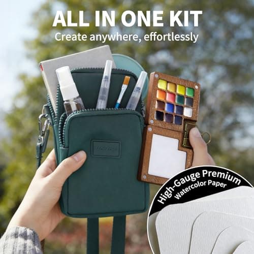 Mini Watercolor Paint Set, All-in-One 15-Color Walnut Wood Travel Kit with Crossbody Bag, Watercolor Journal, Metal Clip, Water Cup, Water Brush, Portable Pocket Art Set for Adult Art Lovers (Green) - Thumbnail 2