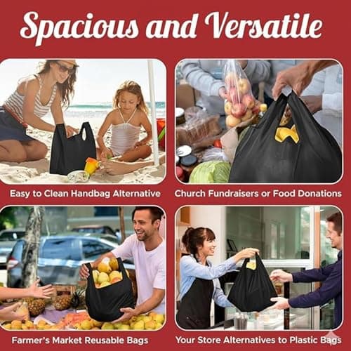 Simply Cool Reusable Grocery Bags Eco-Friendly T-Shirt Shopping Bags 21.5”x12.2”x7.2” Durable Recyclable Shopping Bags Washable, Foldable, Portable Tote Bags Bulk (300 Pack, Black) - Thumbnail 6