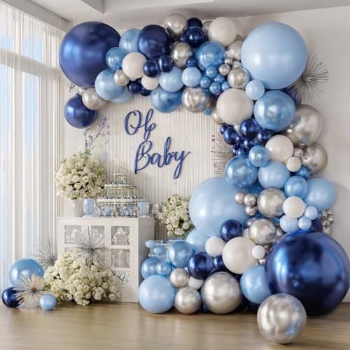 Blue Silver White Balloons Arch Kit - 129pcs Navy Light Metallic Blue Silver White Latex Balloons for Birthday Wedding Bridal Shower Graduation Fathers Day Prom Party Decorations