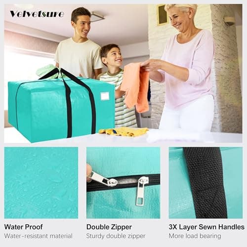 VELVETSURE 6 Pack Heavy Duty Large Moving Bags W/Backpack Straps - Strong Handles & Zippers, Storage Totes For Space Saving, Fold Flat, Alternative to Moving Box and Storage Bin, Aquamarine - Thumbnail 3