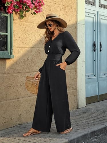 LOOKBOHO Long Sleeve Jumpsuits for Women 2026 Fall Dressy Casual V Neck High Waist One Piece Wide Leg Romper With Pockets Black X-Large - Thumbnail 5