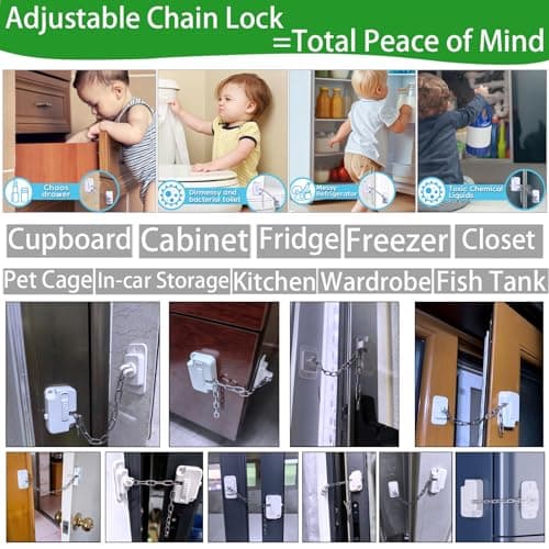 Bstsilver Child Proof Door Lock with Adjustable Strap, Cat Door Latch Holder, Keep Dog Out of Litter Box, Window Security Lock Babyproofing, Cabinet Chain Safety Lock for Toddler Dementia Pet, 2 Pack - Thumbnail 4