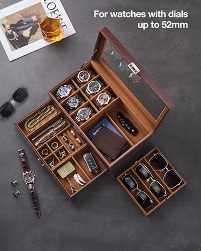 ProCase Mens Jewelry Box, Lockable 6 Slot Watch Case & 3 Slot Sunglasses Organizer, 2-layer Mens Jewelry Organizer Watch Box for Men, Watches Holder Display Storage Valentine Birthday Gifts -Brown - Thumbnail 2