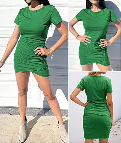 BTFBM Women’s Summer Dresses 2026 Casual Bodycon Mini Dress Short Sleeve Crew Neck Mini Ruched Spring Beach Vacation Outfits(Bright Green, Small) - Thumbnail 4