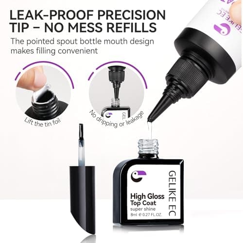 gelike ec Base Gel Top Coat Set: 2x100ml Hema Free Great Value Refill for Nail Techs Manicure Salon Store Compatible with All Gel Nail Polish & Acrylic Nails - Thumbnail 2