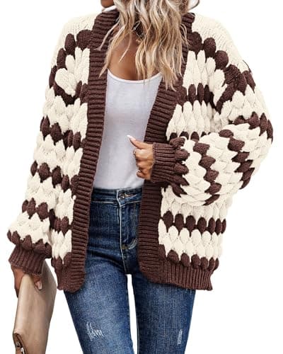 KIRUNDO Women's Cardigan Sweater 2026 Fall Winter Open Front Long Sleeve Cable Knit Color Block Striped Cardigan Casual Oversized Sweater Jacket Outwear(Coffee, Large) - Image 1
