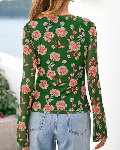 BTFBM Button Down Shirts for Women 2026 Spring Boho Tops V Neck Long Sleeve Blouses Ruched Mesh Fitted Fashion Clothing(Green, Large) - Thumbnail 3