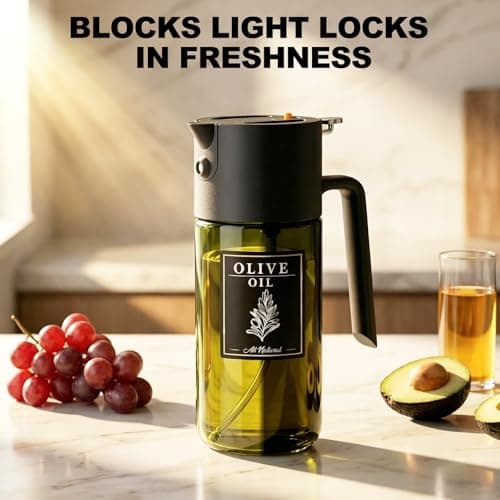 2-IN-1 500ml/17oz Light-Blocking Dark Oil Sprayer for Cooking with Sticker, Dark Green Glass Olive Oil Dispenser Bottle for Kitchen, Even Spray with Portion Control, Perfect for Air Fryer, BBQ - Black - Thumbnail 2