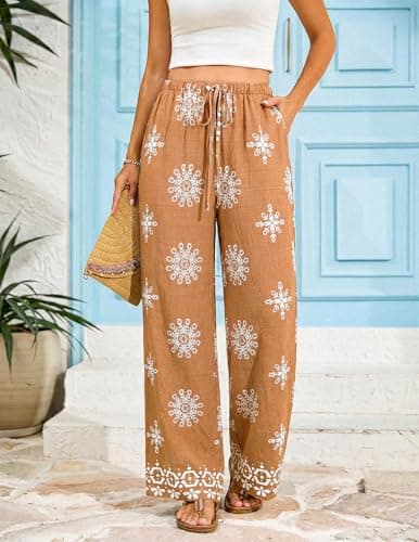 LOOKBOHO Women's Wide Leg Pants with Pockets High Waist Loose Casual Trousers Casual Pants with Pockets Khaki Floral L - Thumbnail 4