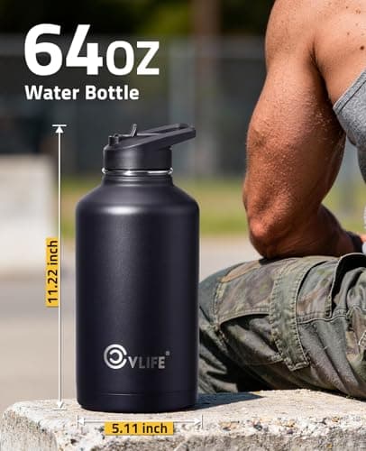CVLIFE Half Gallon Water Bottle with Straw, 64 oz Insulated Stainless Steel Water Jug, Battle Sports Bottle with Bottle Pouch, Durable Handle, Removable Sleeve for Gym, Hiking, Camping (Black 2 Liter) - Thumbnail 2