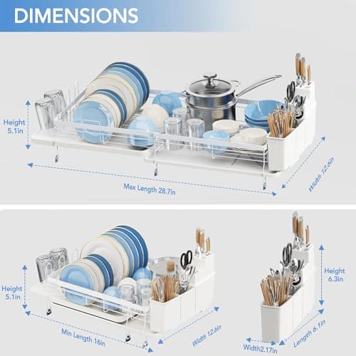 ROTTOGOON Expandable Dish Drying Rack,Multifunctional Adjustable Dish Drainer with Swivel Spout and Anti-Rust Dish Rack with Removable Cutlery & Cup Holders for Kitchen Counter,White - Thumbnail 5