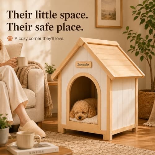 Lumicedar Indoor Dog House for Small Dogs, Solid Cedar Wood Dog House Indoor, A-Frame Wooden Dog House, Arched Door & Soft Dog Bed, Dog House for Dogs & Cats(Natural, 21.7" L x 23.6" W x 27.6" H) - Thumbnail 4