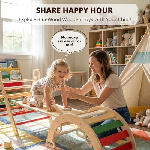 BlueWood Pikler Triangle Set, Toddler Wooden Climbing Toys Indoor 7in1 Foldable Climber for Kids, Montessori Philosophy Play Jungle Gym with Arch, Ramp, Ladder (Warm Winter Christmas) - Thumbnail 6