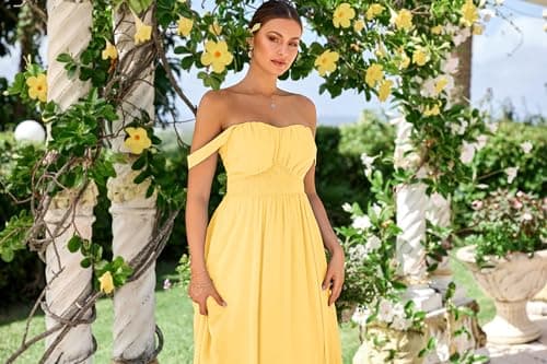 2025 Women's Summer Sleeveless Off Shoulder Floral Flowy A Line Maxi Dresses Light Yellow XXL - Thumbnail 3