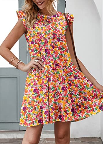 KIRUNDO Boho Dresses for Women 2026 Summer Casual Ruffle Sleeveless Floral Round Neck Loose Short Flowy Pleated Babydoll Dress Vacation Outfits, Floral3- White Orange, X-Large - Thumbnail 3