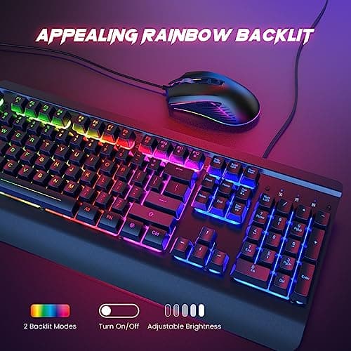 Wired Gaming Keyboard and Mouse Combo, 104 Keys All-Metal Panel Rainbow Computer Keyboard with Multimedia Keys Wrist Rest and LED Backlit Gaming Mouse 4200 DPI for Windows PC Gamers (Black) - Thumbnail 3