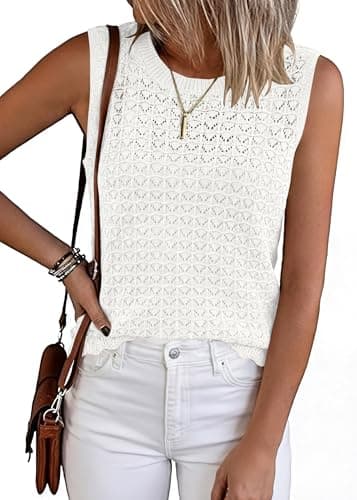 KIRUNDO Crochet Tops for Women 2026 Spring Summer Sleeveless Sweater Vest Tank Top Knit Pullover Beach Vacation Outfits(White, Large) - Image 1