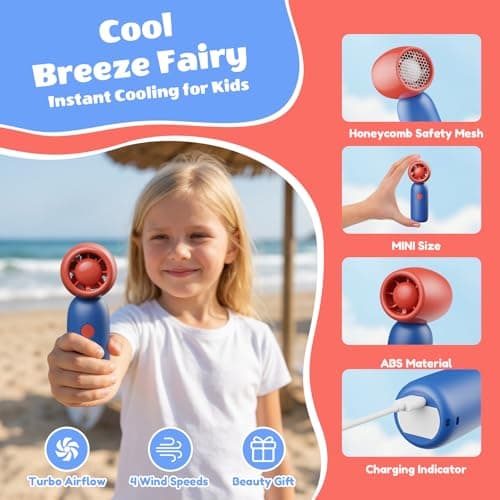 YDCBRIRAY Turbo Handheld Fan for Kid, 4-speed Wind, Portable Travel Pocket Cute Child Fan, 4000mAh Rechargeable Battery Mini Fan with Dual Lanyard for Outdoor,Camping,Hols,Gifts for Kids Festival - Thumbnail 3