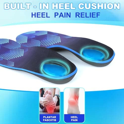 Heavy Duty Support Pain Relief Insoles, 220+ lbs Plantar Fasciitis High Arch Support Inserts, Flat Feet, Heel Pain, Work Boots Insoles for Men & Women, Shock Absorb in Every Step Blue (M 5-5.5) - Thumbnail 3