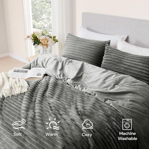 Geniospin Fleece Queen Comforter Set, Soft Fuzzy Queen Bedding Sets, 3-Pieces Gray Comforter Set for All Season, Warm Fluffy Comforter with 2 Pillow Cases - Thumbnail 5