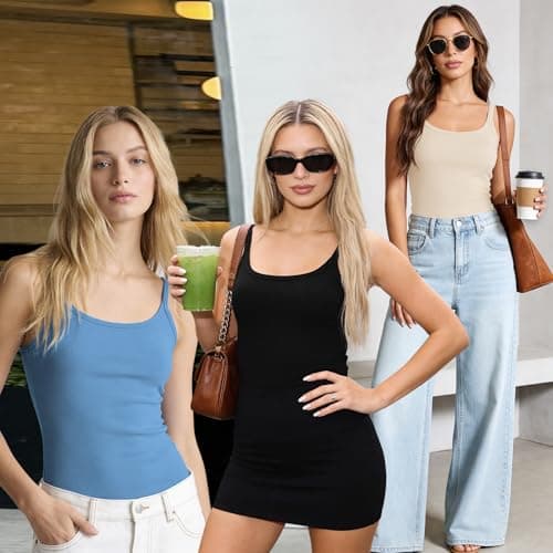 Totatuit Women 3 Pack Ribbed Tank Tops Casual Fitted Camisole Square Neck Sleeveless Shirts Cropped Cami Undershirts Base Layer(Black, Nude, Blue) Small - Thumbnail 2