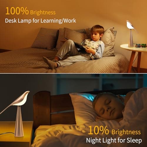 Xhope4u Small Desk Lamp, Bird Lamp, 10 Level Dimmable Brightness Bedside Night Light, Bedroom Table Lamp for Dorm, Office, Gifts, Reading, 3 Colors, Metal Finish, Gold, 360° Rotation - Thumbnail 6
