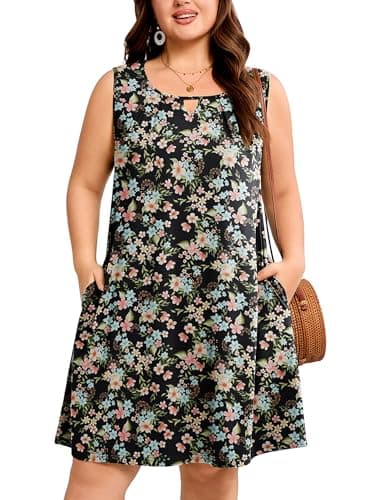 AusLook Plus Size Floral Midi Dress for Women Sleeveless Casual A Line Swing 5X Dress with Pockets Keyhole Neck Summer Beach Vacation Travel Dress - Image 1