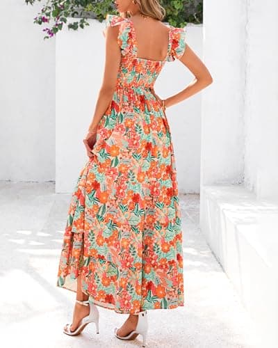 dowerme Summer Dresses for Women 2026 Casual Ruffle Smocked Tiered A-Line Boho Floral Maxi Beach Sun Dress with Pockets(Light Apricot Orange Flower,Small) - Thumbnail 5