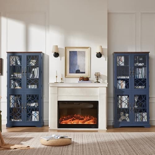 Joaxswe 67" Tall Bookshelf, Rustic Book Shelf w/Vintage Pattern Tempered Glass Doors, 5-Tier Wood Bookcase with Adjustable Storage Shelves, Retro Curio Display Cabinet for Living Room, Navy Blue - Thumbnail 5