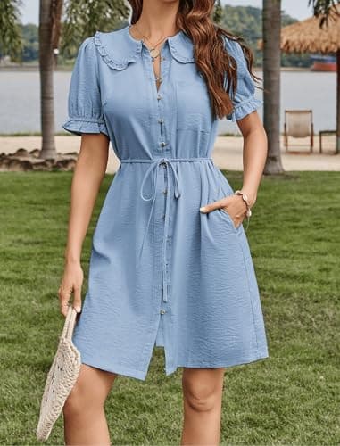 Theenkoln Womens Button Down Mini Dress:Oversized Peter Pan Collar Short Sleeve Flowy Baby Doll Dresses with Belt Light Blue S - Thumbnail 6