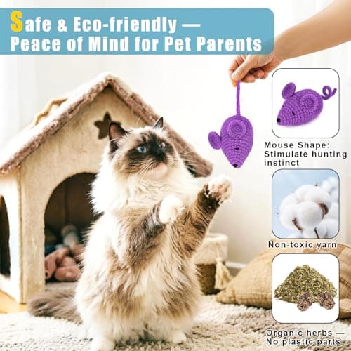 Retro Shaw Catnip Toys Crochet Mice Cat Toys, 3 Pcs Durable Yarn Cat Mouse Toys for Indoor Cats, Stuffed with Natural Catnip & Silvervine Blend, Handmade Interactive Kitten Chew Toy for Teeth Cleaning - Thumbnail 6