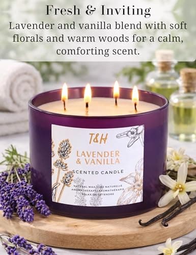 Lavender Vanilla Scented Candle | Large 4-Wick Soy Candle for Home 20 oz | Calming Aromatherapy Candle | Long Lasting Clean Burn | Relaxing Gift for Women & Men - Thumbnail 2