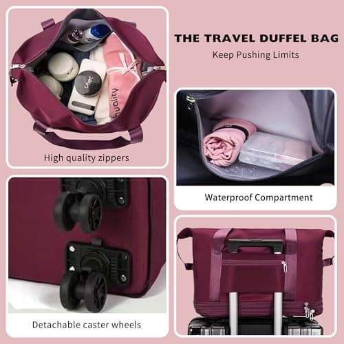 NiceUU Travel Rolling Duffel Bag with Removable Wheels,Expandable Foldable Carry-On Luggage for Trip Hospitalization,Duffle Bag for Travel, Sports,Shopping Fitness & Workout (purple) - Thumbnail 4