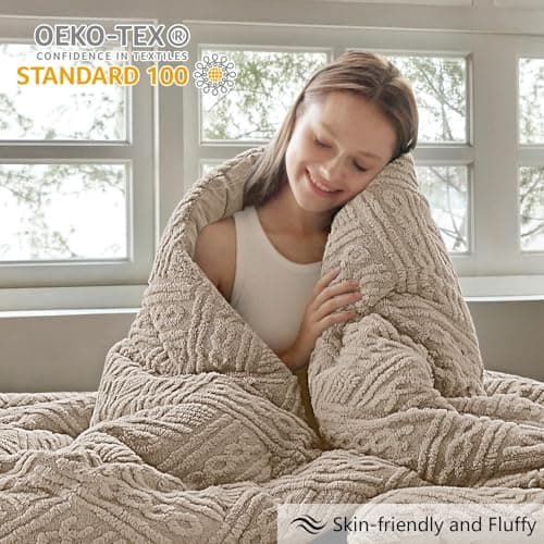 Homelike Moment Fluffy King Size Comforter Set - Beige Fleece Warm Marshmallow Comforter for Winter, Luxury Fuzzy Sherpa King Bed Set 3 Piece - Thumbnail 2