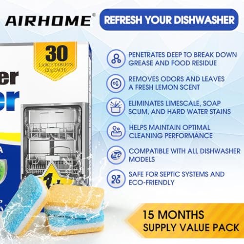 Airhome Dishwasher Cleaner Tablets,20g 30-Count Deodorizing Pods (15-Month Supply) - Heavy-Duty Descaler Removes Limescale, Minerals, Grease & Odors, Lemon Scent - Thumbnail 3