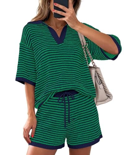PRETTYGARDEN Women 2 Piece Lounge Sets Short Sleeve V Neck Striped Tops Drawstring Short Sets Beach Summer Outfits 2026(Striped Navy Green,XX-Large) - Image 1
