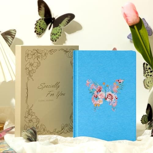 MINICAGIE Embroidered Fabric Journal for Women A5 Hardcover College Ruled Notebook with Gift Box Butterfly Floral Journaling Notebooks for Writing, 5.7 x 8.3 In, Blue - Thumbnail 6